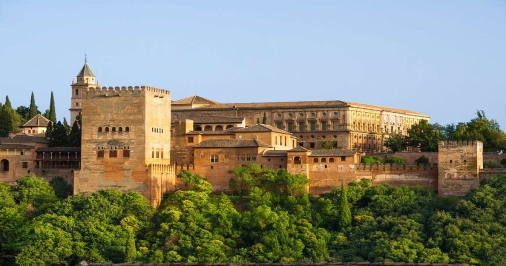 The Alhambra Palace complex with its beautiful Moorish architecture and lush gardens.