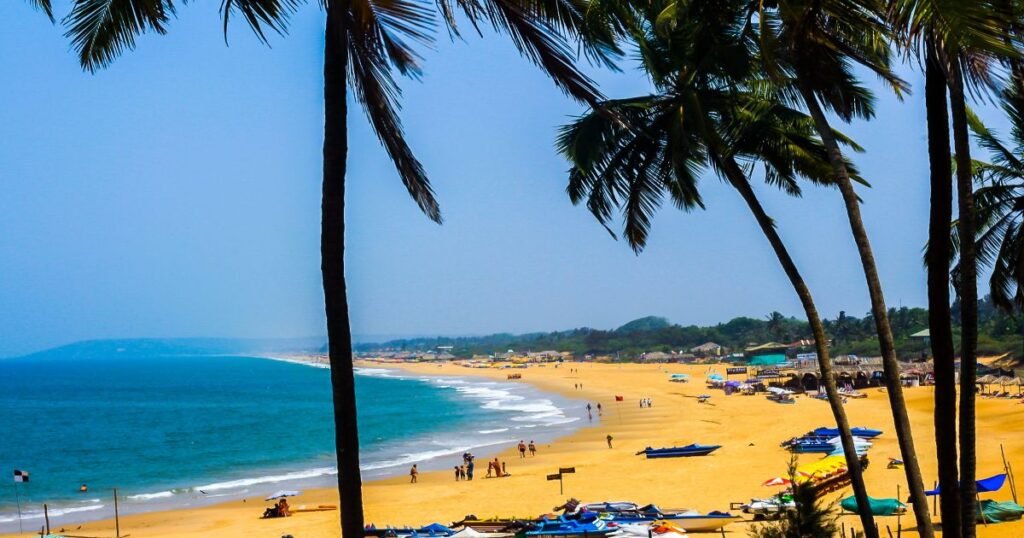 A picturesque Goa beach with golden sands, palm trees, and clear blue waters.