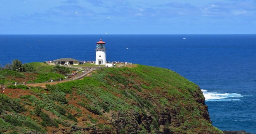 A breathtaking view of Na Pali Coast showcasing steep cliffs covered in greenery against a bright blue ocean backdrop.