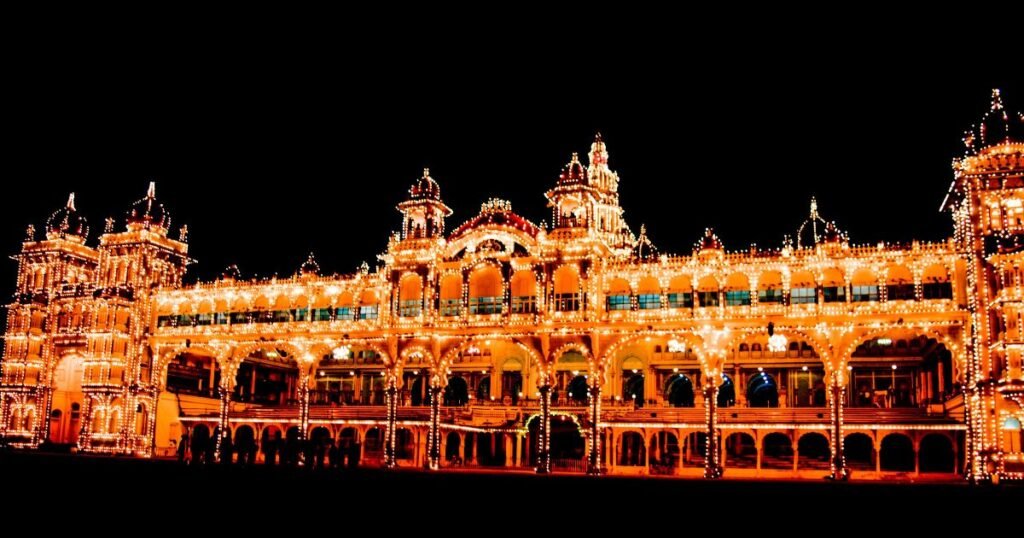 Mysore Palace with its ornate architecture, grand domes, and intricate details.