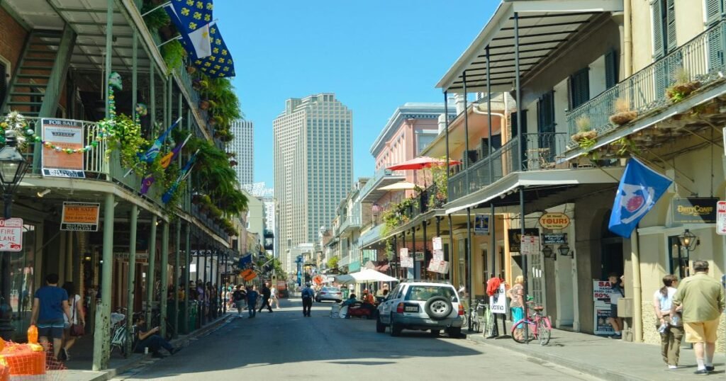 Colorful buildings in the French Quarter during Mardi Gras celebrations.