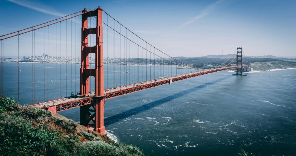 The Golden Gate Bridge shrouded in fog.