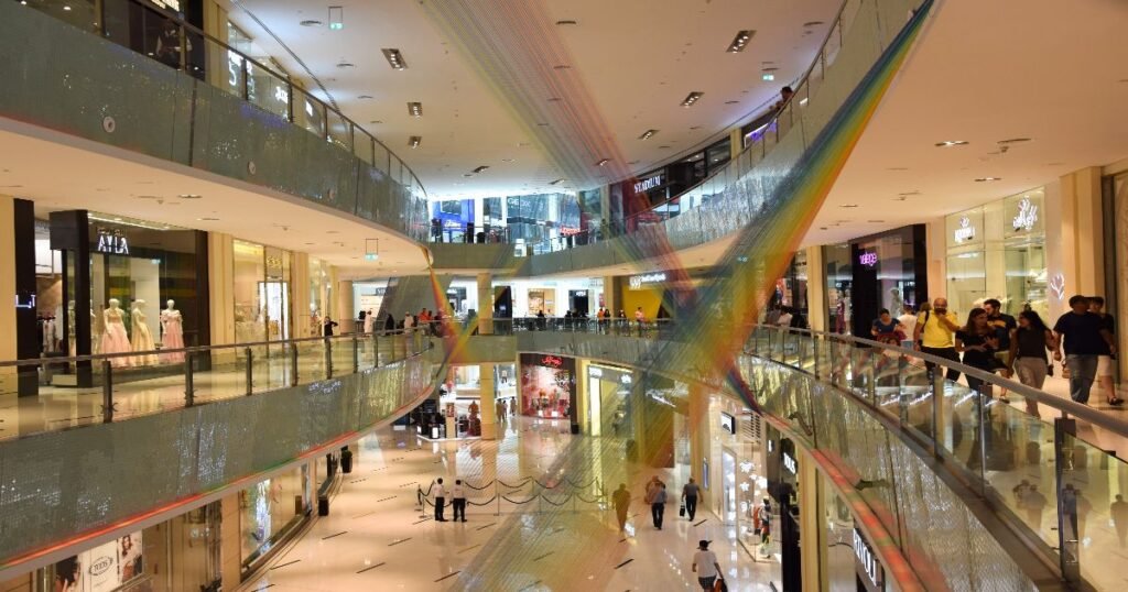 "Inside Dubai Mall, featuring luxury shops, restaurants, and the famous Dubai Aquarium."