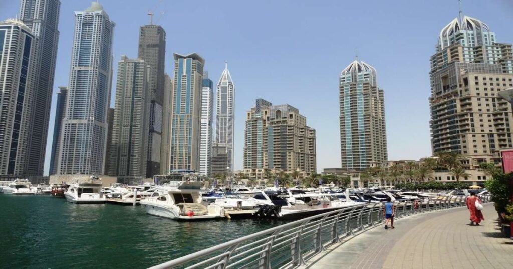 Dubai Marina with stunning views of the Palm Jumeirah and city skyline.