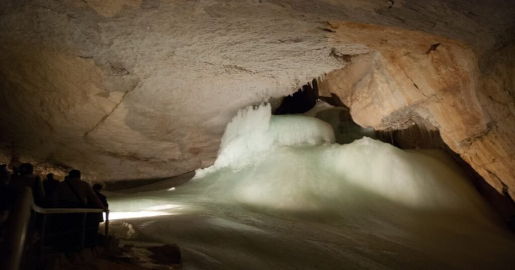 “The glistening ice formations inside the vast Eisriesenwelt Ice Cave.”