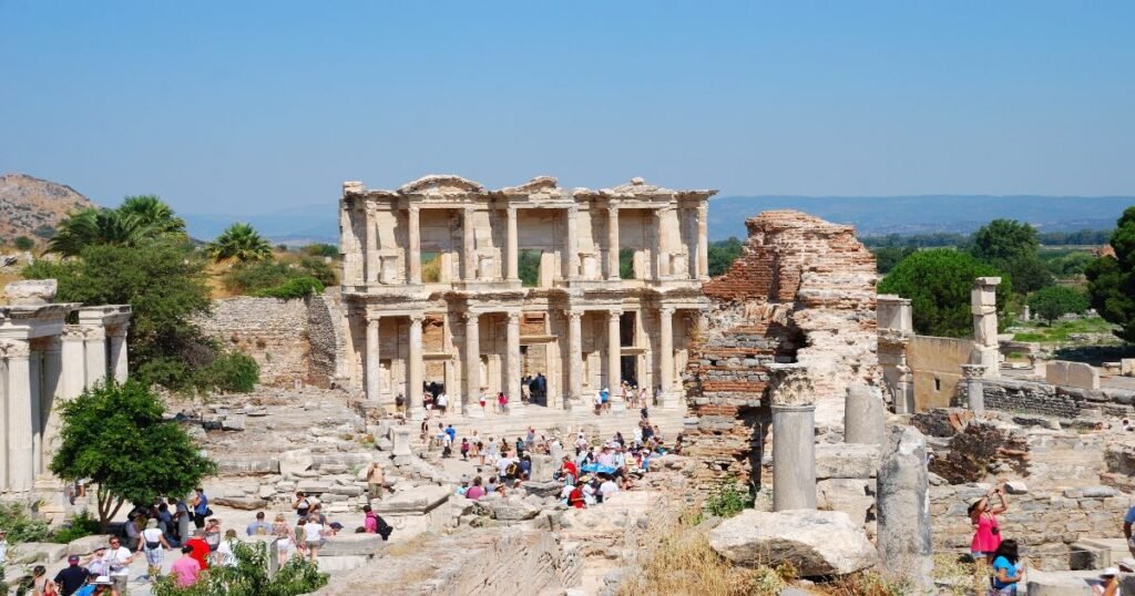 "The well-preserved ruins of the Library of Celsus, a grand monument in the ancient city of Ephesus, Turkey."