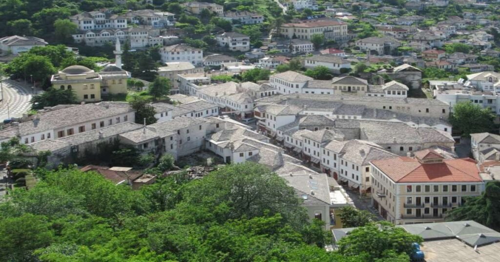 "Panoramic view of historic stone houses of Gjirokastër."