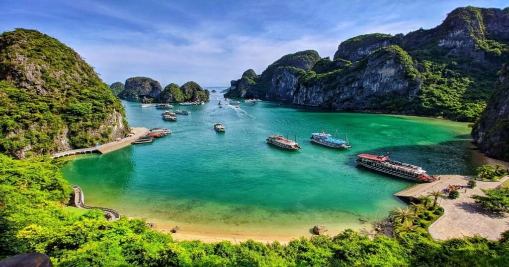 "Stunning limestone islands rising from the emerald waters of Ha Long Bay, Vietnam."