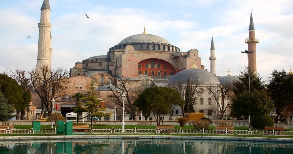 "Hagia Sophia, showcasing its grand dome, and a blend of Christian and Islamic art."