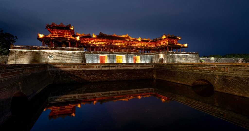 "The majestic Thai Hoa Palace within the Hue Imperial City complex, with traditional Vietnamese architecture."