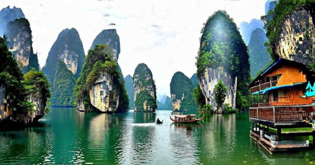 “Towering limestone cliffs and emerald-green waters of Cheow Lan Lake in Khao Sok National Park.”