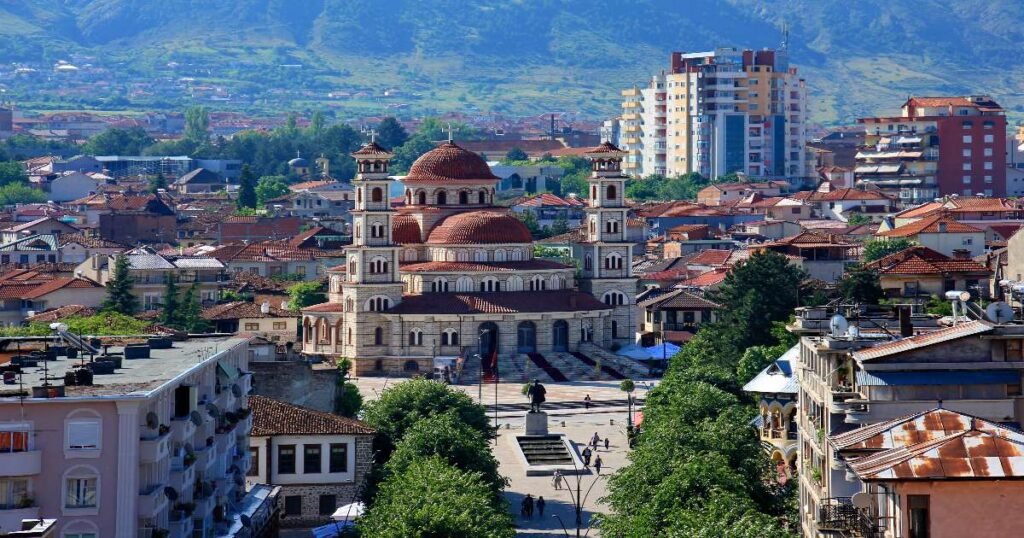 "Historic streets of Korça with the prominent Resurrection Cathedral."