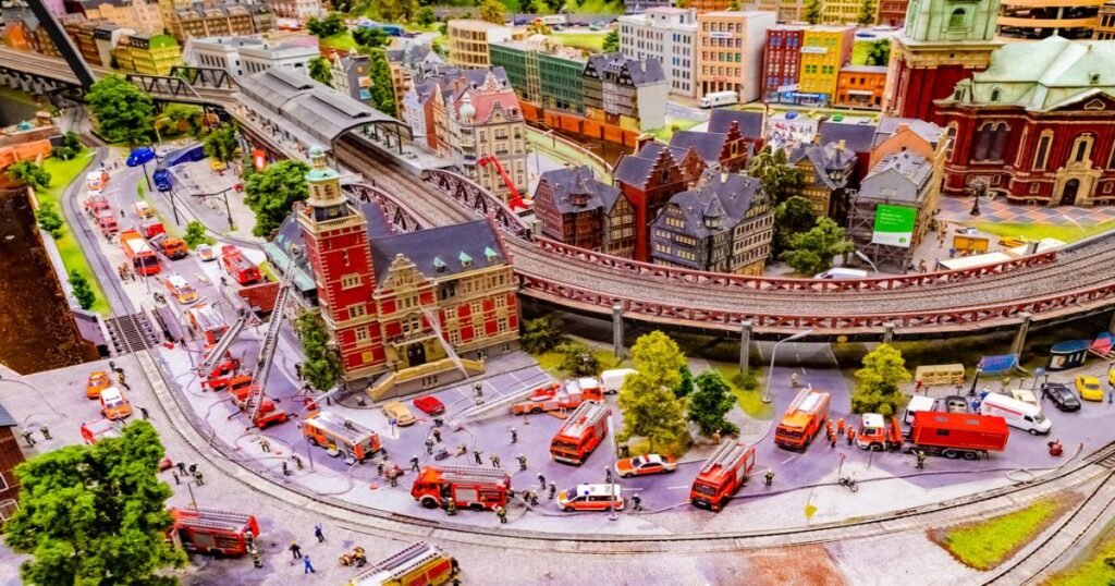 Miniatur Wunderland in Hamburg, showcasing a detailed miniature landscape with trains, airports, and cities.