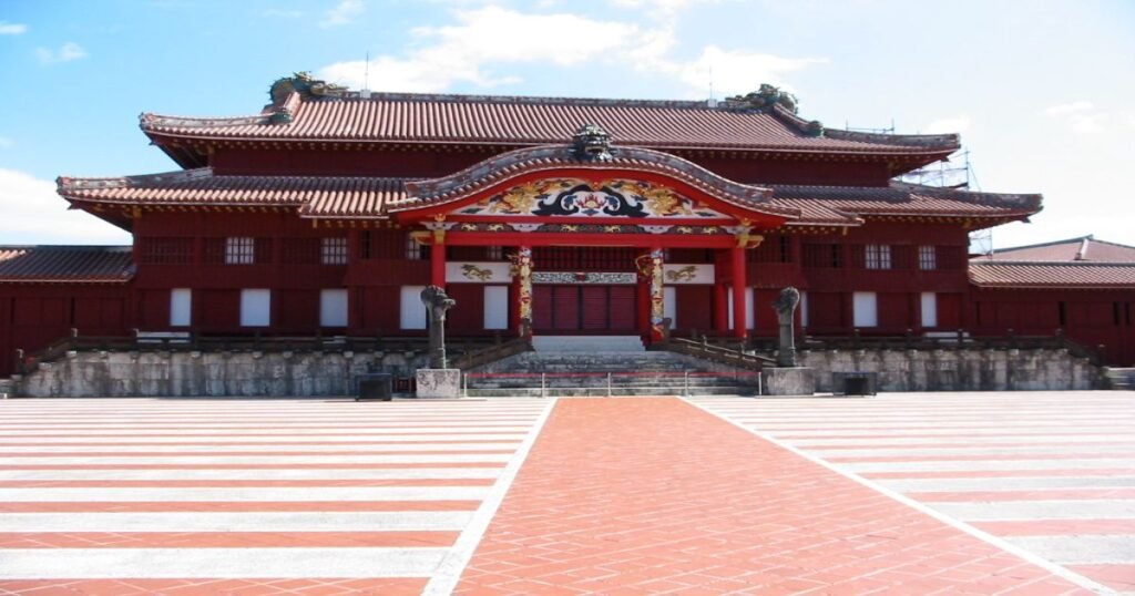 "Shurijo Castle in Okinawa, with its bright red walls and traditional Ryukyu-style architecture."