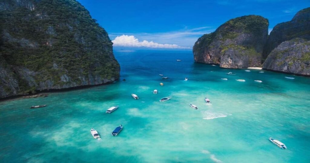 “Turquoise waters and dramatic limestone cliffs of the Phi Phi Islands in Krabi, Thailand.”