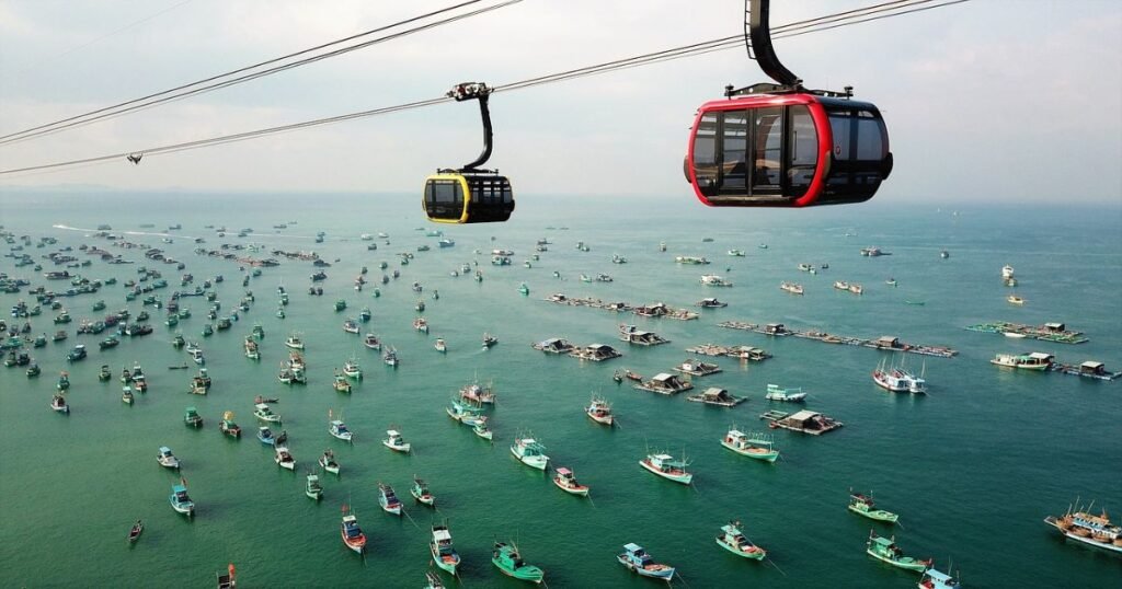 "Panoramic views of Phu Quoc Island, Vietnam showing cable cars and boats"