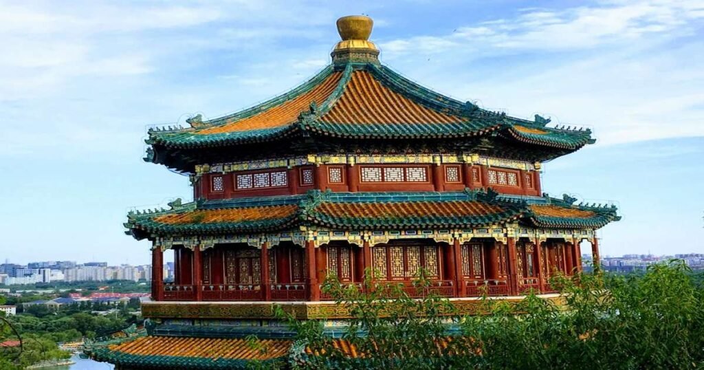 "The serene waters of Kunming Lake at the Summer Palace, with Longevity Hill and pavilions in the background."