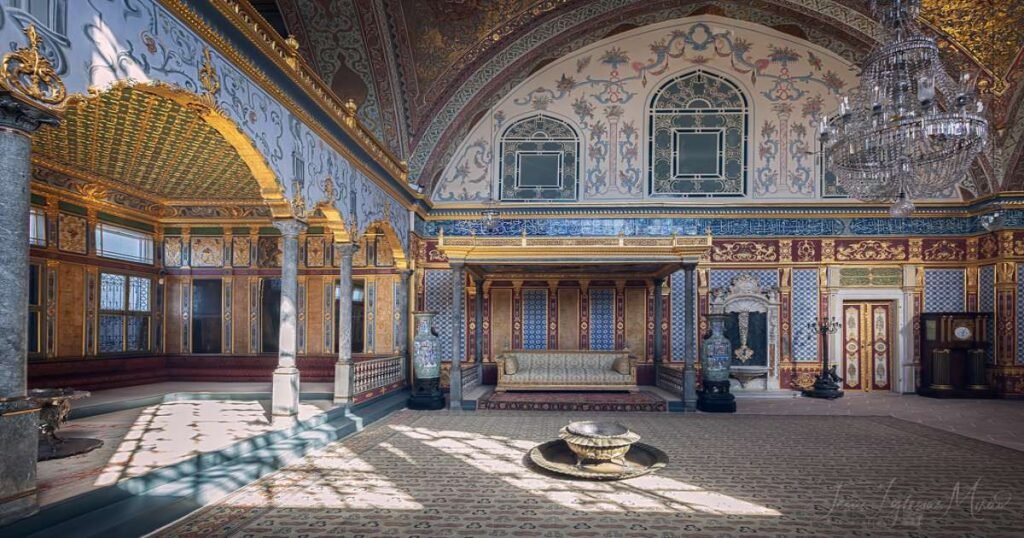 "Interior of the Topkapi Palace, with its ornate Ottoman architecture."