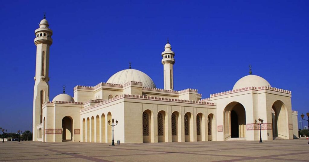 Al-Fateh Grand Mosque in Bahrain with its impressive domes and minarets.