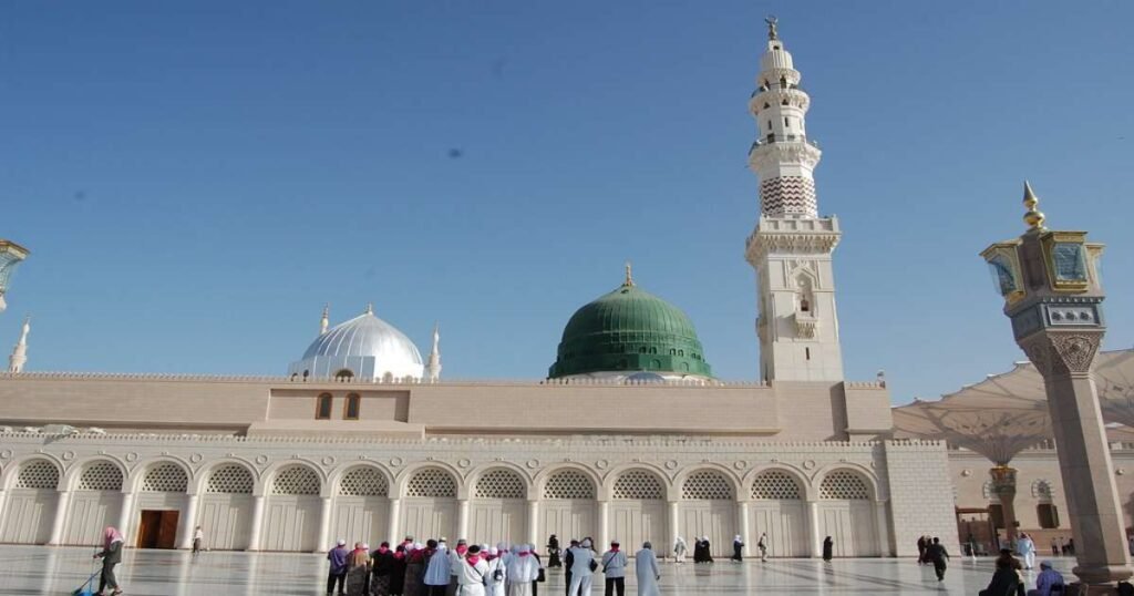  "The green-domed Al-Masjid an-Nabawi in Medina, Saudi Arabia."