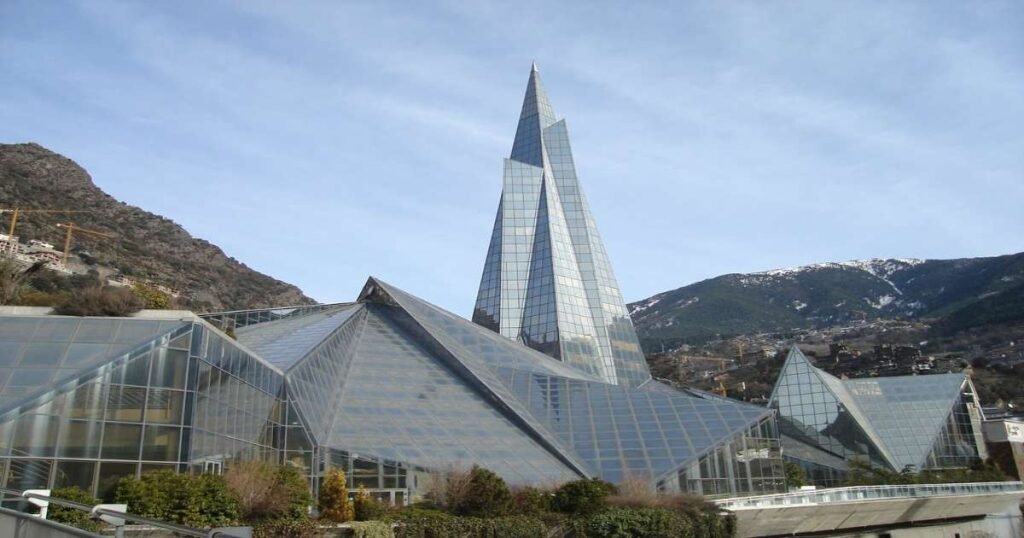 Modern Caldea Spa Complex with thermal pools and mountain views in Andorra.