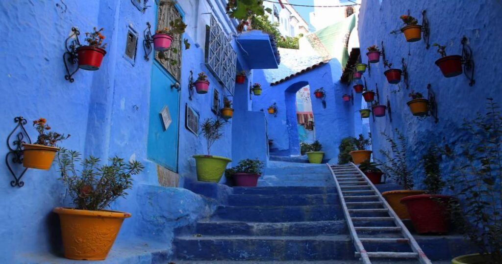 "Chefchaouen’s blue-washed buildings and streets."