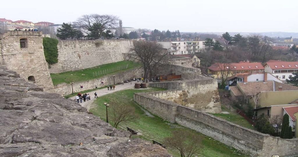 "Historic Eger Castle on a hill with panoramic views over Eger, Hungary."