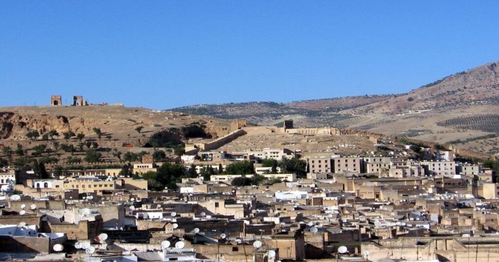 "An aerial view of Fes el Bali’s narrow, winding streets and clay-colored rooftops."