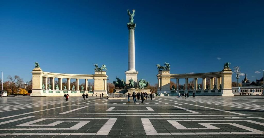 Monumental Heroes' Square with statues honoring Hungarian leaders in Budapest.