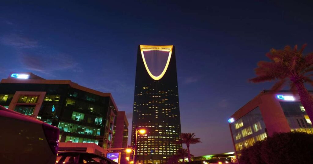 "The Kingdom Centre Tower in Riyadh with its distinctive sky bridge and modern architecture."