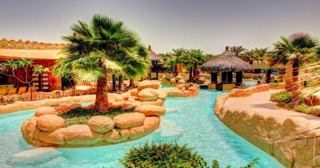 Lost Paradise of Dilmun Water Park with water slides and ancient-themed decor in Bahrain.