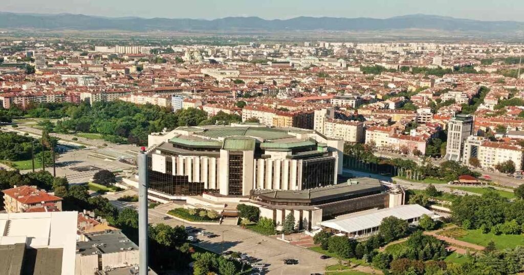 "Ariel view of the national palace of culture in Sofia."