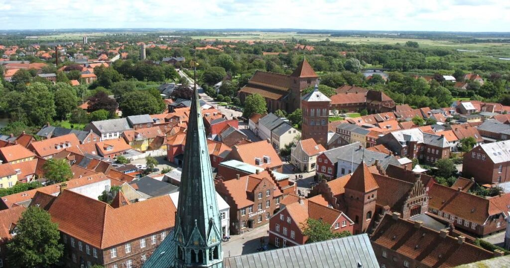 "Ribe Cathedral’s towering structure in Denmark’s oldest town."