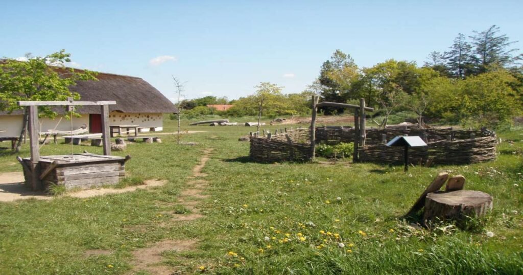 "Viking reenactments and traditional Viking structures at Ribe VikingeCenter."