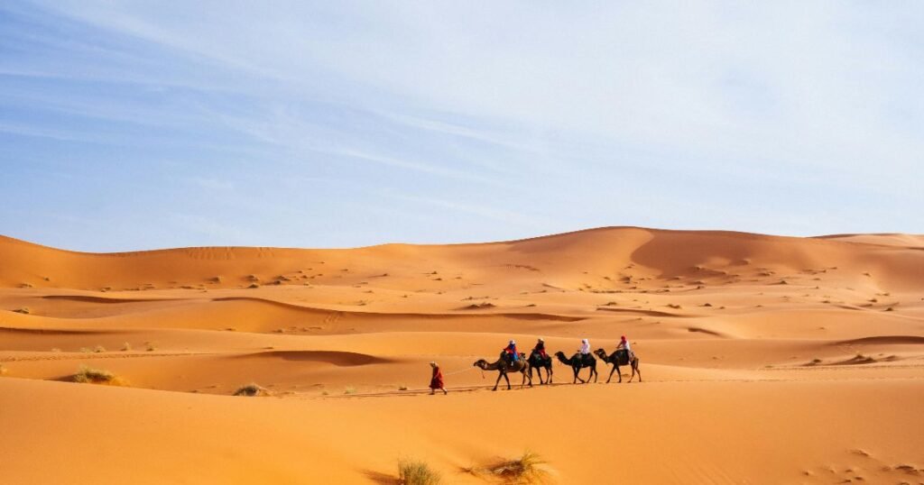 "Golden Sahara dunes stretching into the horizon with a camel caravan silhouette."