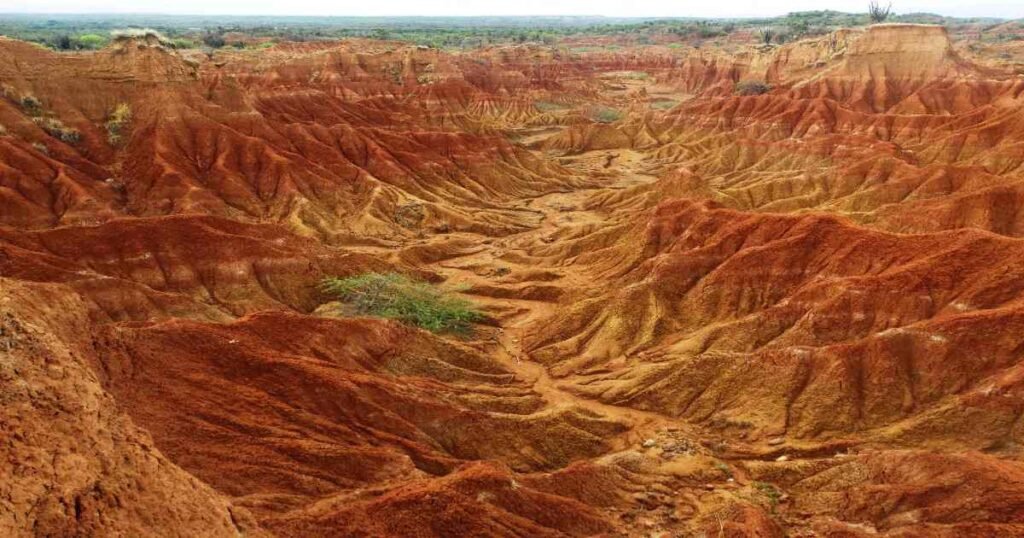 “Red canyons and unique rock formations in Tatacoa Desert under a starry sky.”