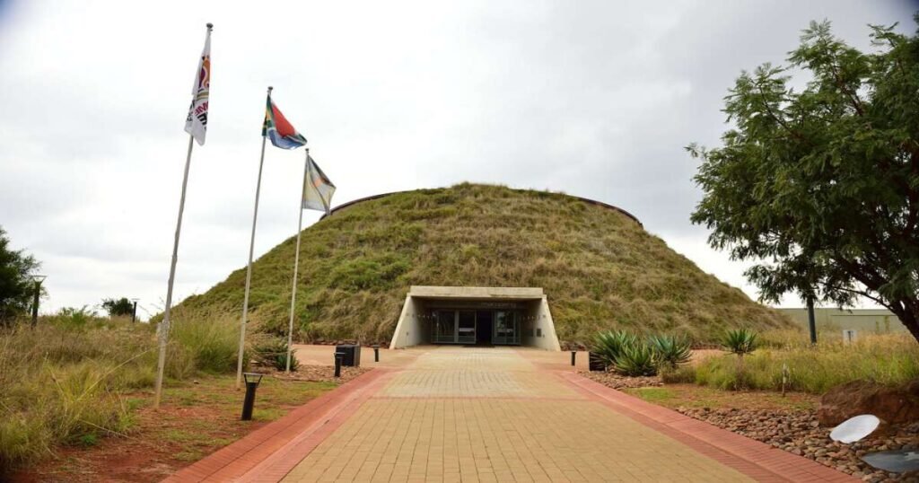 "The Maropeng visitor center with scenic surroundings at the Cradle of Humankind."