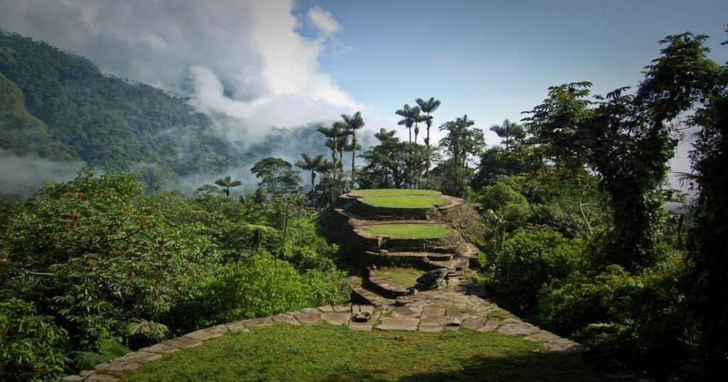 "Ancient stone terraces of the Lost City surrounded by dense jungle."