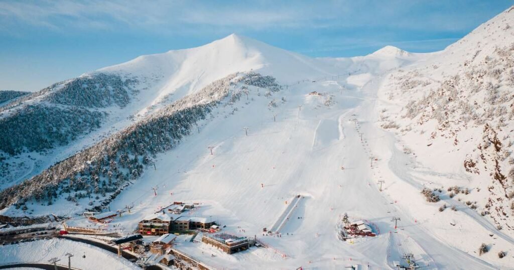 Snow-covered mountains and ski slopes at Vallnord Ski Resort in Andorra.