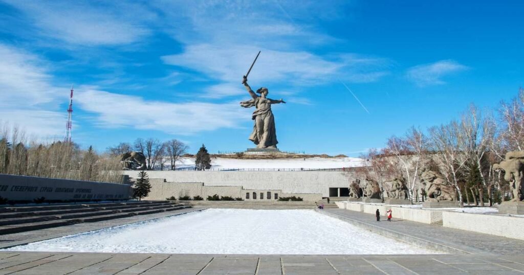 “The towering Motherland Calls statue, with an intense expression and a sword raised high.”