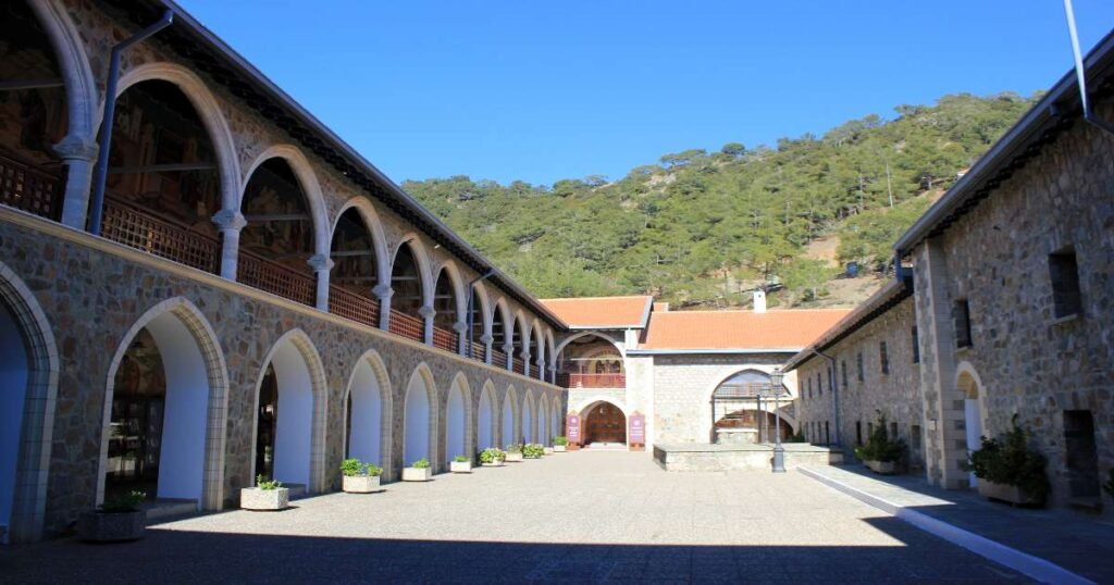 “Kykkos Monastery with colorful mosaics and mountain views in the Troodos Mountains.”