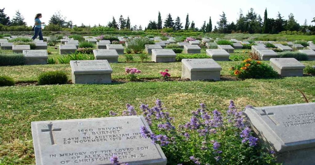 The Lone Pine Cemetery surrounded by lush greenery and the Dardanelles Strait.