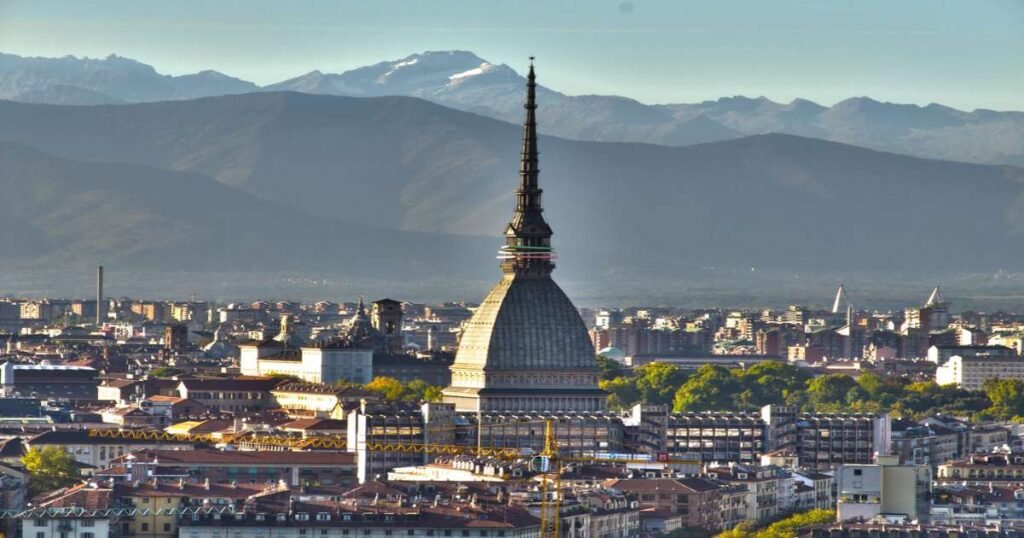 The Mole Antonelliana rising above the rooftops in Turin, Italy.
