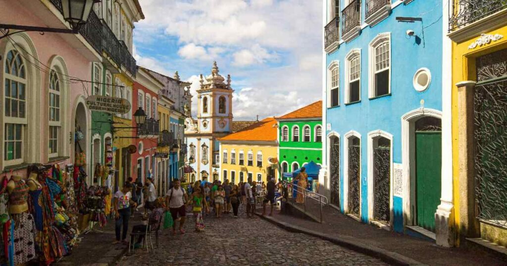 "Colorful colonial buildings lining the streets of Pelourinho in Salvador."