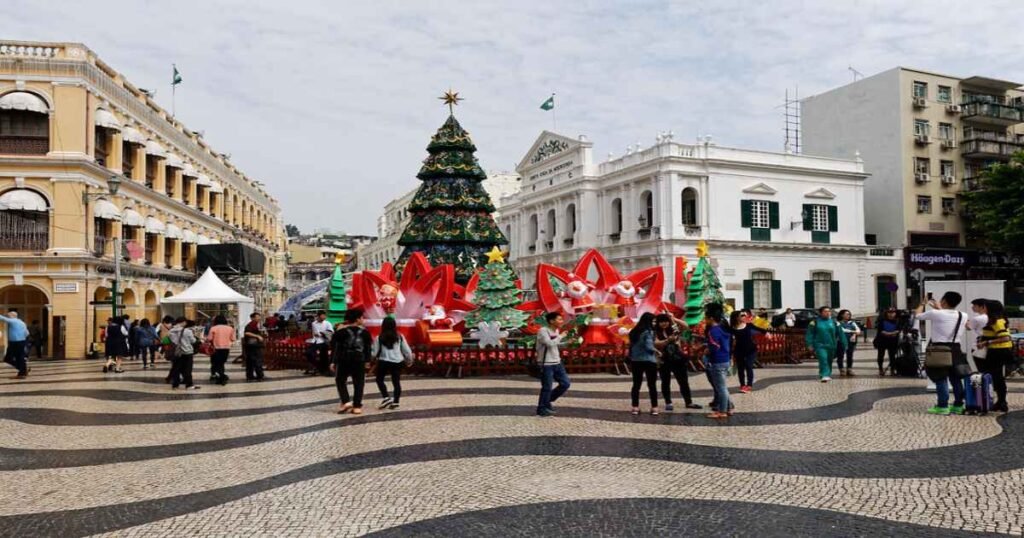"The lively Senado Square in Macao, with colonial architecture and festive decorations."