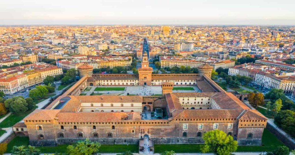 Aerial view of the Sforza castle and its surrounding city