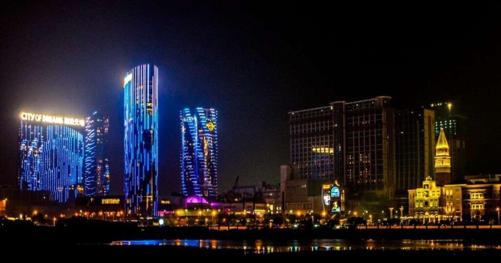 "The Cotai Strip in Macao, with its luxurious hotels and casinos."