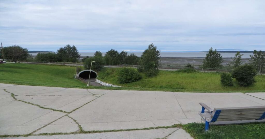 Tony Knowles Coastal Trail with snow-capped mountains in the background.