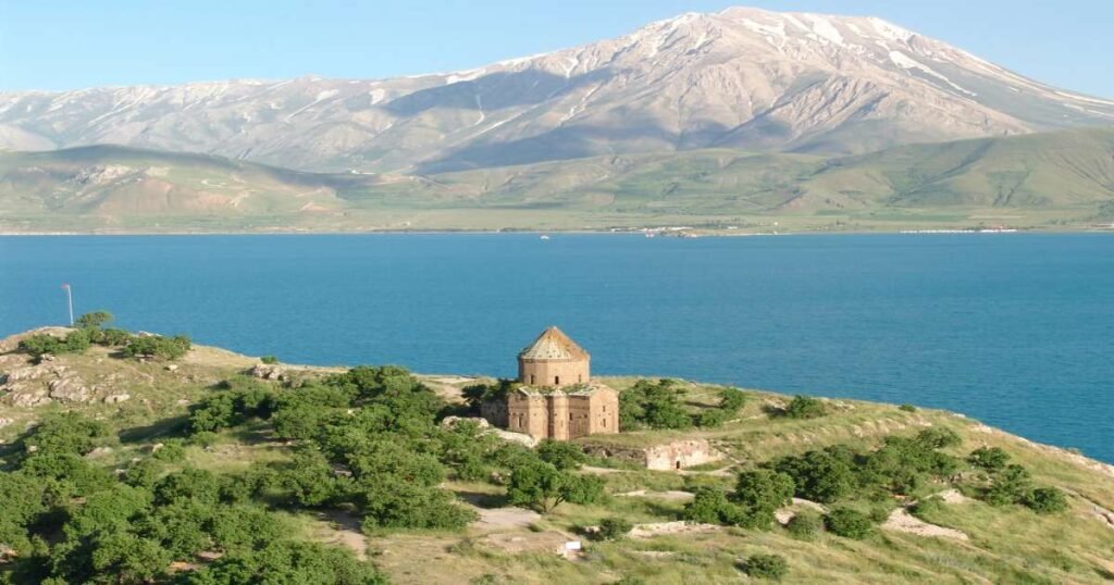 Akdamar Island with its historic Armenian church surrounded by Van Lake’s turquoise waters.