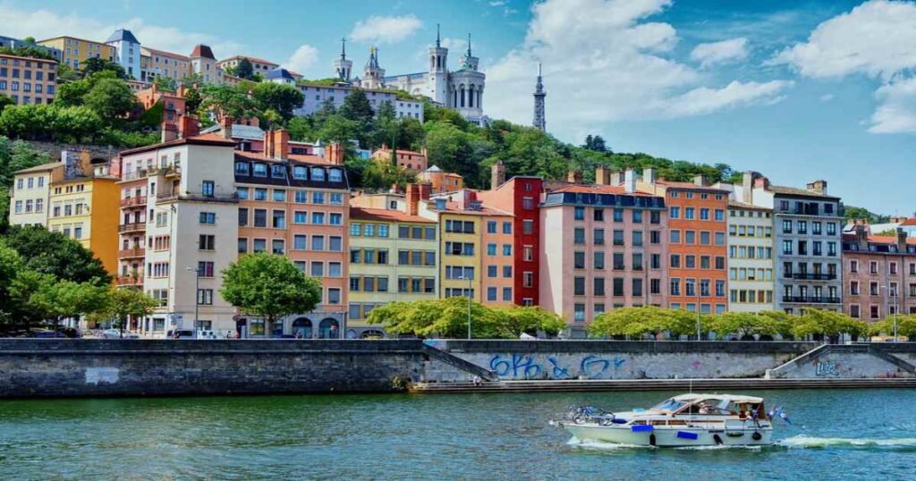 View of Vieux Lyon with the Fourvière Basilica perched on the hill.